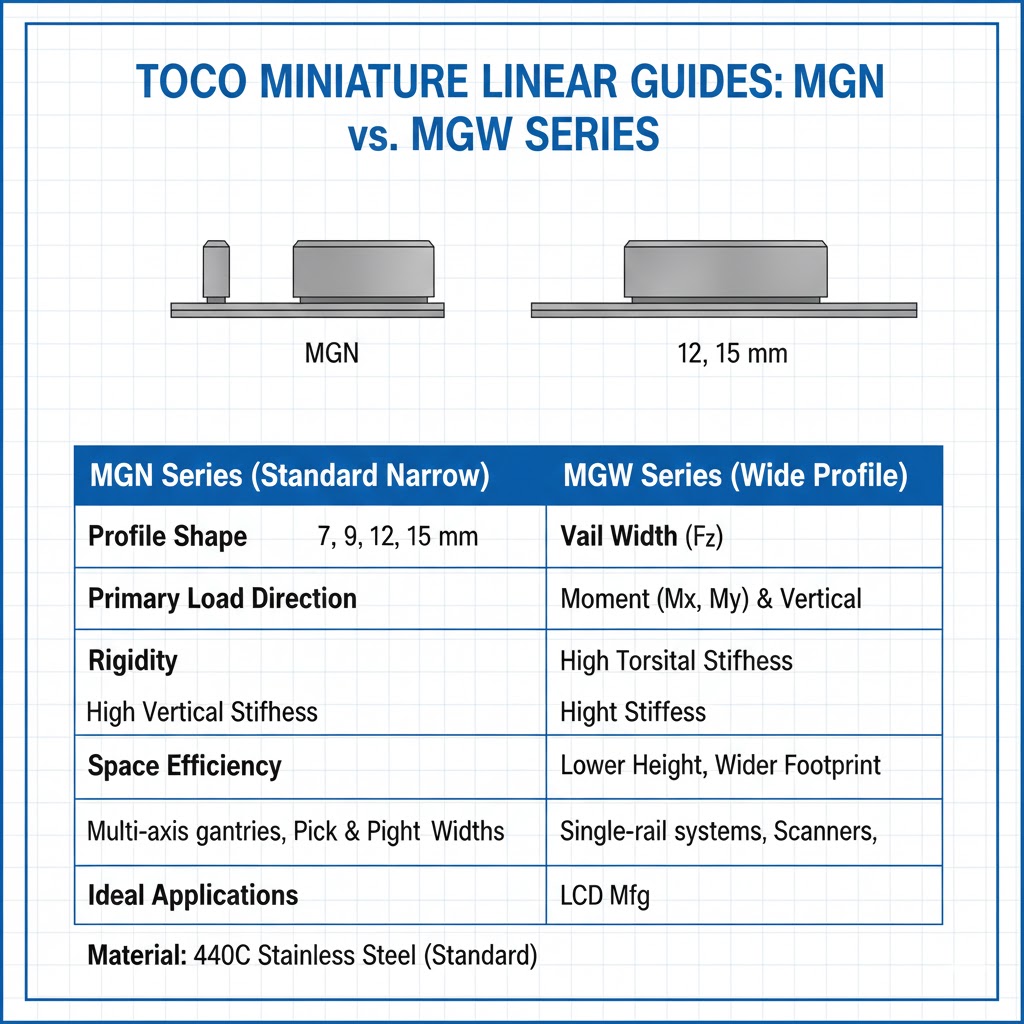 the technical comparison between the MGN (Standard) and MGW (Wide) series